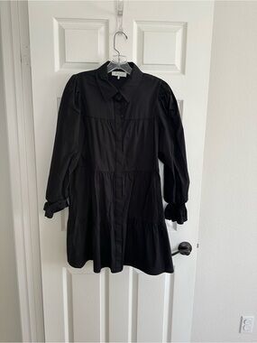 Wayf Black Tiered Mini Shirt Dress with Puff Sleeves